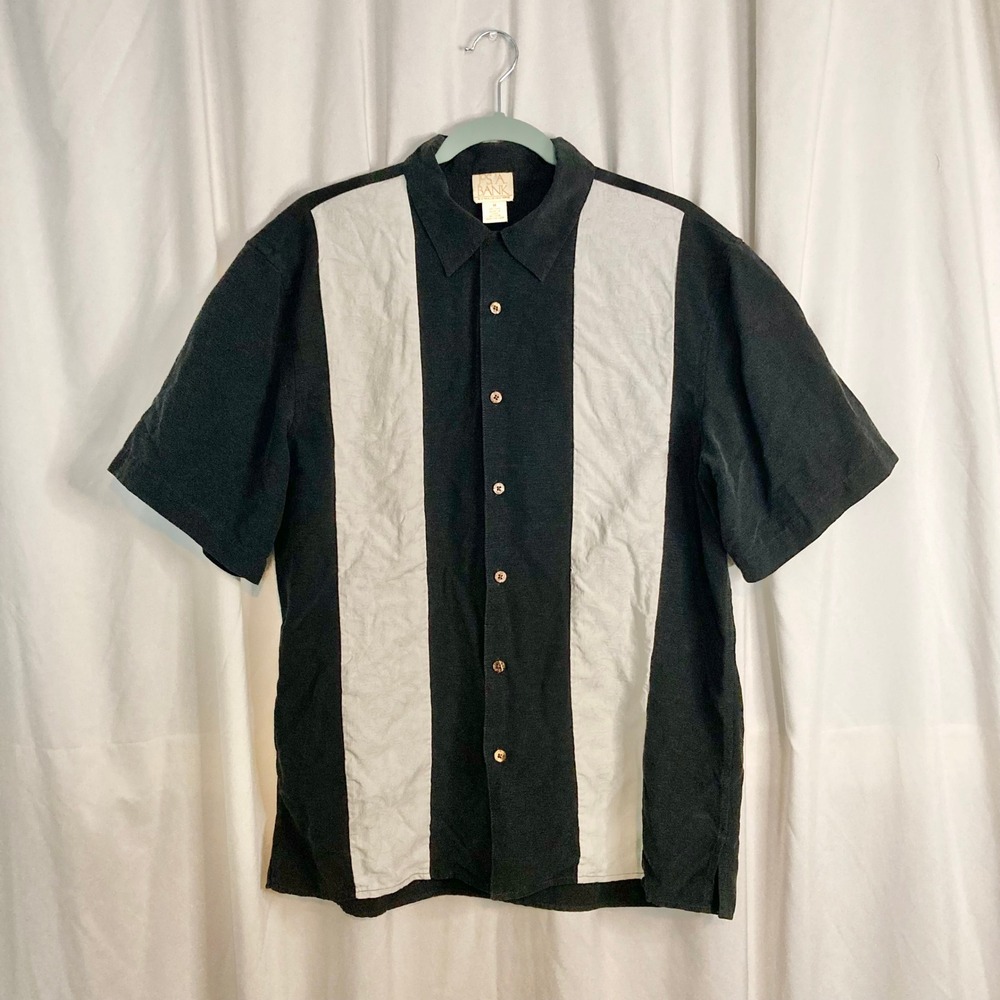 Vintage Jos A Bank 100% Silk Bowling Shirt Men's M Black Cream Camp Collar Y2K
